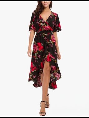 Kormei Womens Short Sleeve Floral Maxi Dress High Low V-Neck